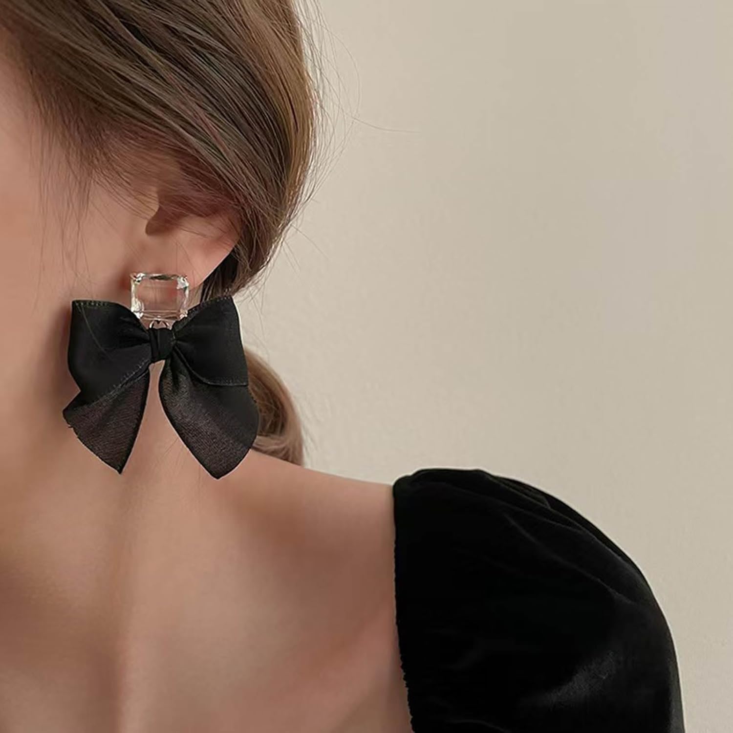 Vintage Crystal Square Earrings Black Ribbon Bow Drop Earrings Boho Cz Bowknot Stud Earrings Black Large Silk Bow Earrings Rhinestone Square Earrings Jewelry for Women - Image 2