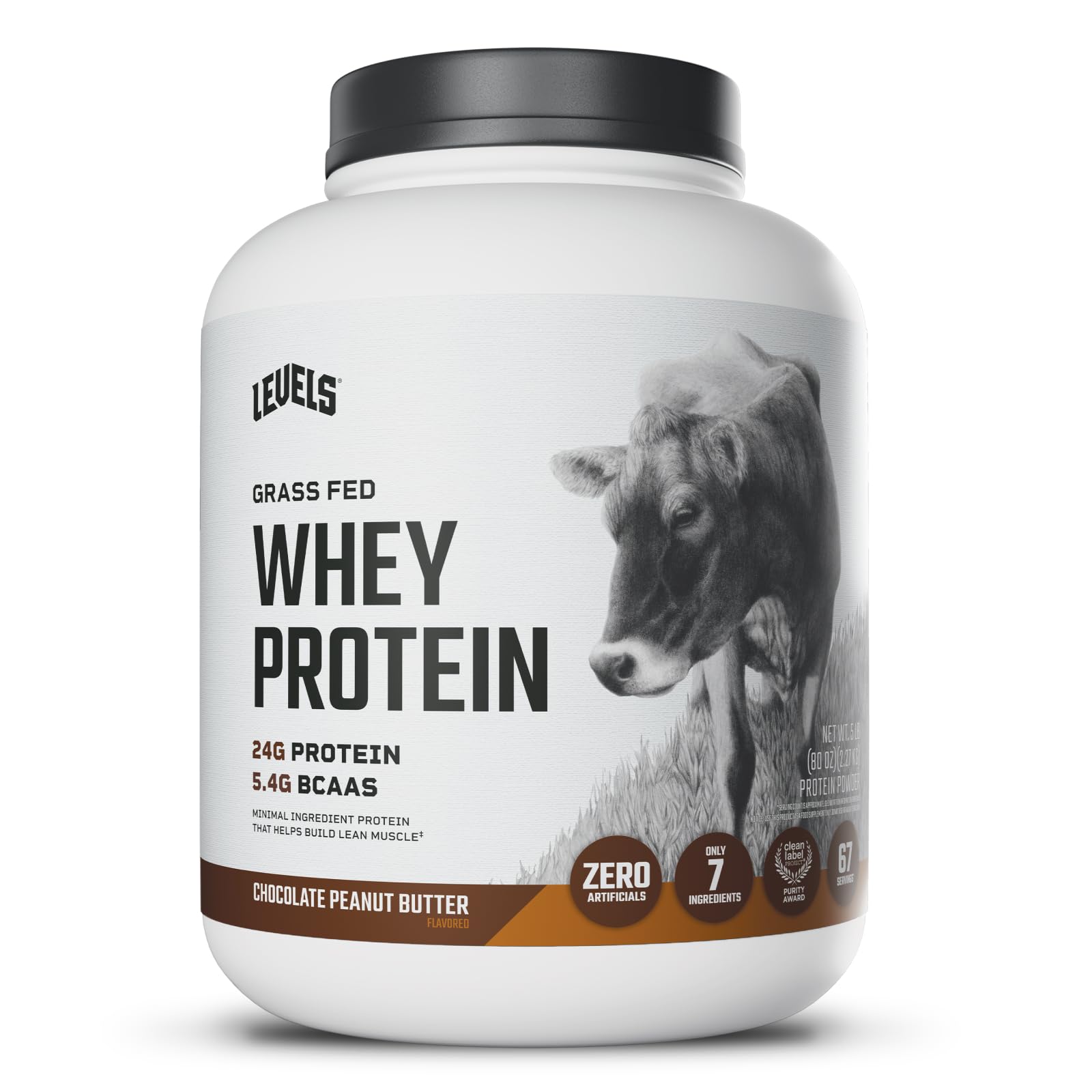 Levels Grass Fed Whey Protein Powder, No Artificials, 24G of Protein, Chocolate Peanut Butter, 5LB