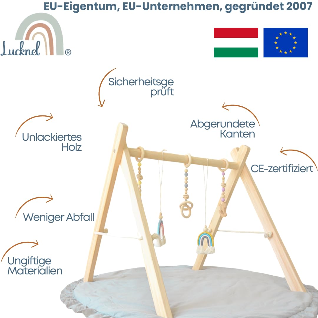 Montessori Spielbogen Baby aus Holz mit Spielmatte 90 cm – ab 3 Monate, 5 abnehmbare Hängespielzeuge, klappbar, naturbelassen – inkl. Stapelbecher Geschenk als Deko Akzent fürs Kinderzimmer