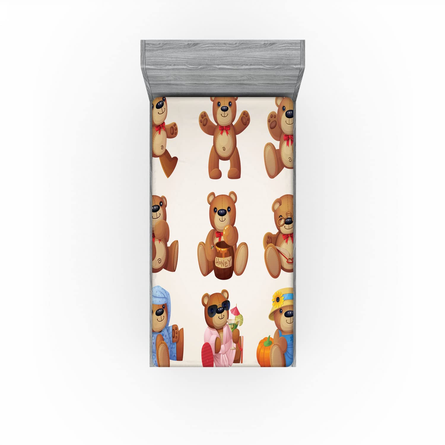 Ambesonne Cartoon 2 Pack Fitted Sheet, Teddy Bear Design, Bed Cover All-Round Elastic Deep Pockets 2 Pieces, Package Contains 2 Twin Size Fitted Sheets, Chocolate Cream