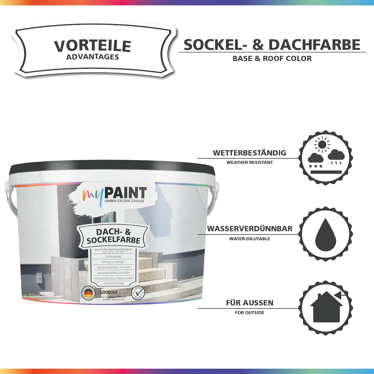 myPAINT Sockel- & Dachfarbe 5L - Steingrau - Hochdeckende Sockelfarbe/Fassadenfarbe & Betonfarbe für Außen | Für Dachziegel, Sockel, Mauerwerk & Putz | Wetterbeständig und Wasserfest