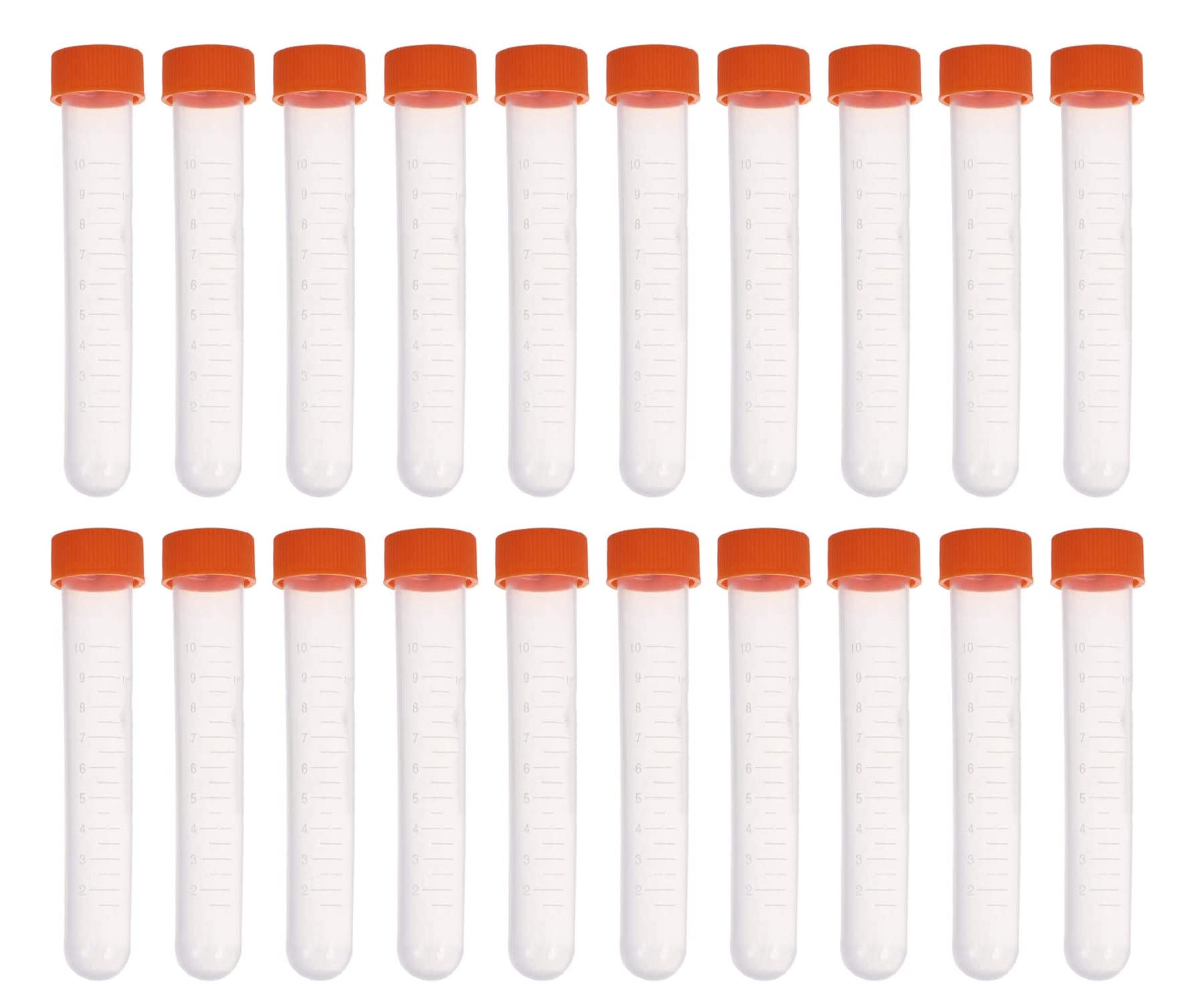 HUAZIZ 20 Pcs Plastic Test Tubes 10ML with Lid, Graduated Marks and Screw Cap for Laboratory, 10 ML Cryovial Plastic Sample Small Bottle Vial Storage Vial Storage Container Test Tube, Orange