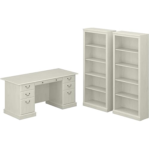 Bush Furniture Saratoga Executive Desk and Bookcase Set in Linen White Oak