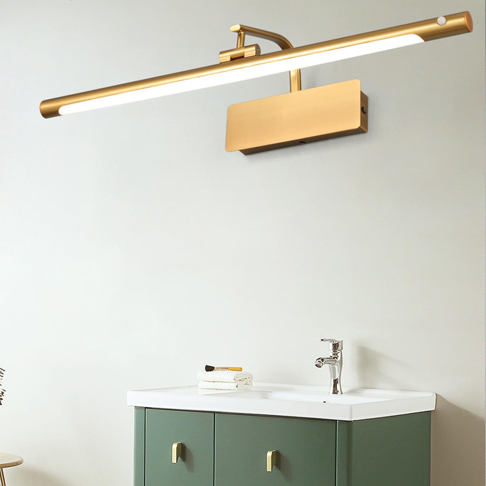 LED Spiegelleuchte Bad mit Bewegungsmelder Modern Wandleuchte Faltbar Einstellbarer Winkel Wasserdicht Wandbeleuchtung Bildbeleuchtung für Schminktisch Badezimmer (Goldenes Neutrales Licht,50cm)