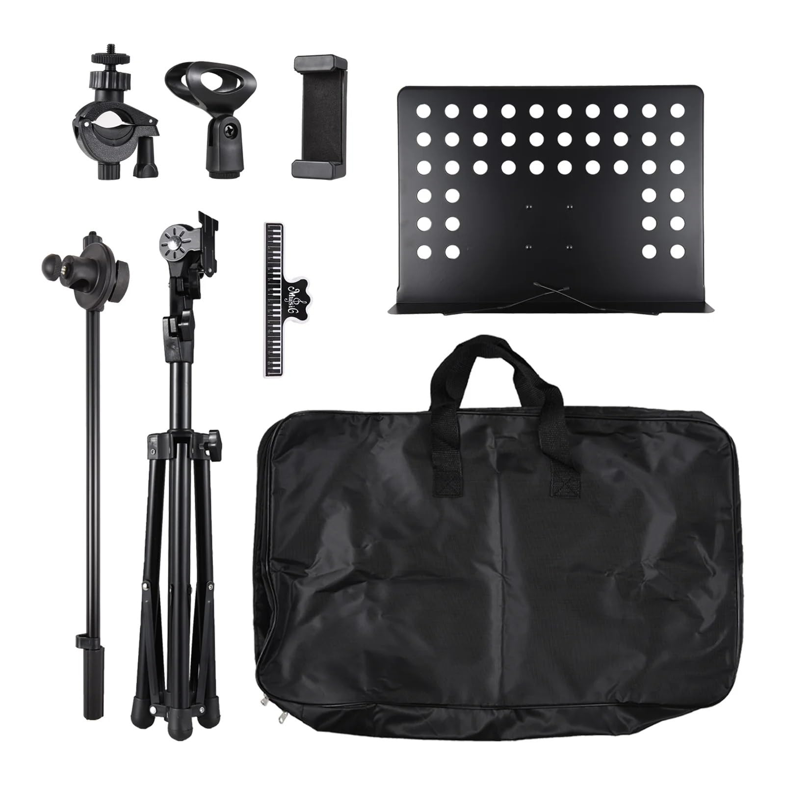 Faltbarer Notenständer 3-in-1-Profi-Notenständer, Abnehmbarer Mikrofonständer, Telefonhalter, Notenständer, Metall, höhenverstellbar, Stativständer