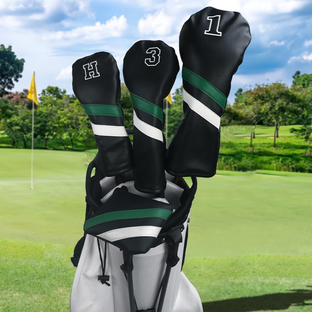 Golfschlägerkopfhauben aus PU-Leder, Set für Fahrer Nr. 1, Fairwayholz Nr. 3/5, Schlägerschutz und Putter mit Etiketten, weiches Futter, Golfschlägerhauben schwarz