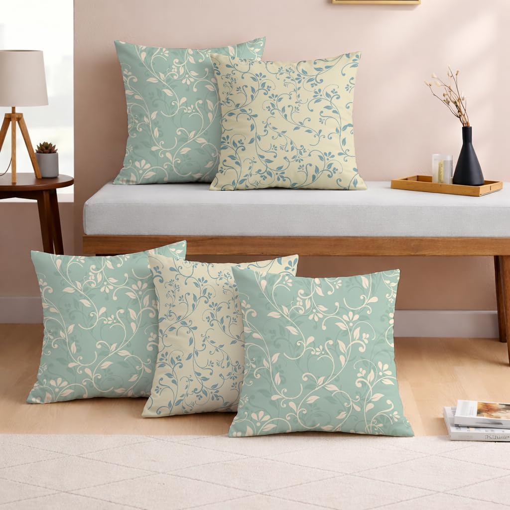 STITCHNEST Floral Teal Printed Poly Cotton Cushion Cover Set of 5 (24 X 24 Inches)-image-47