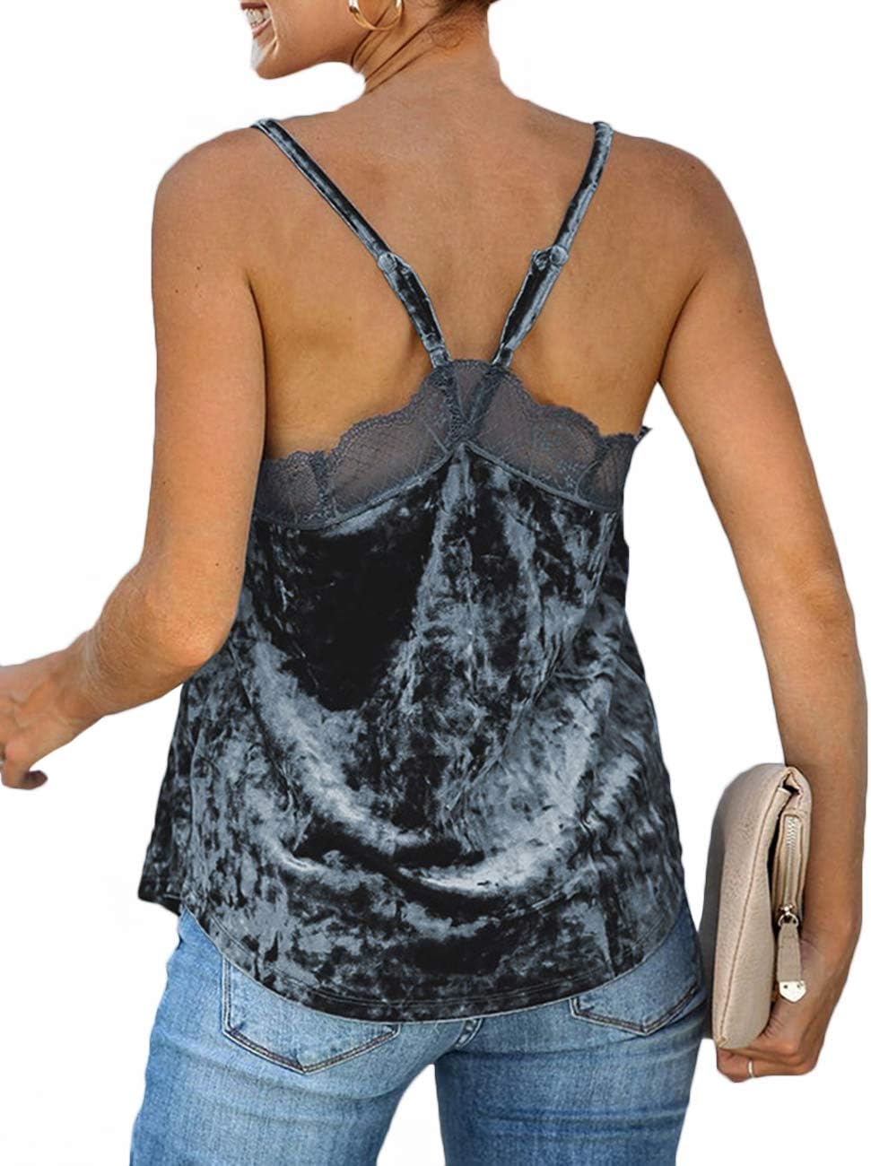 xxxiticat Women's Sexy Velvet Cami V Neck Dressy Sleeveless See Through Lace Tank Tops with Adjustable Spaghetti Straps - Image 2