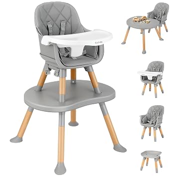 Ezebaby 8-in-1 Baby High Chair, Convertible High Chair for Babies and Toddlers/Booster Seat/Toddler Chair/Table & Chair Set/Kids Stool, Wood Highchair with Removable Tray, Seatbelt, PU Cushion Gray