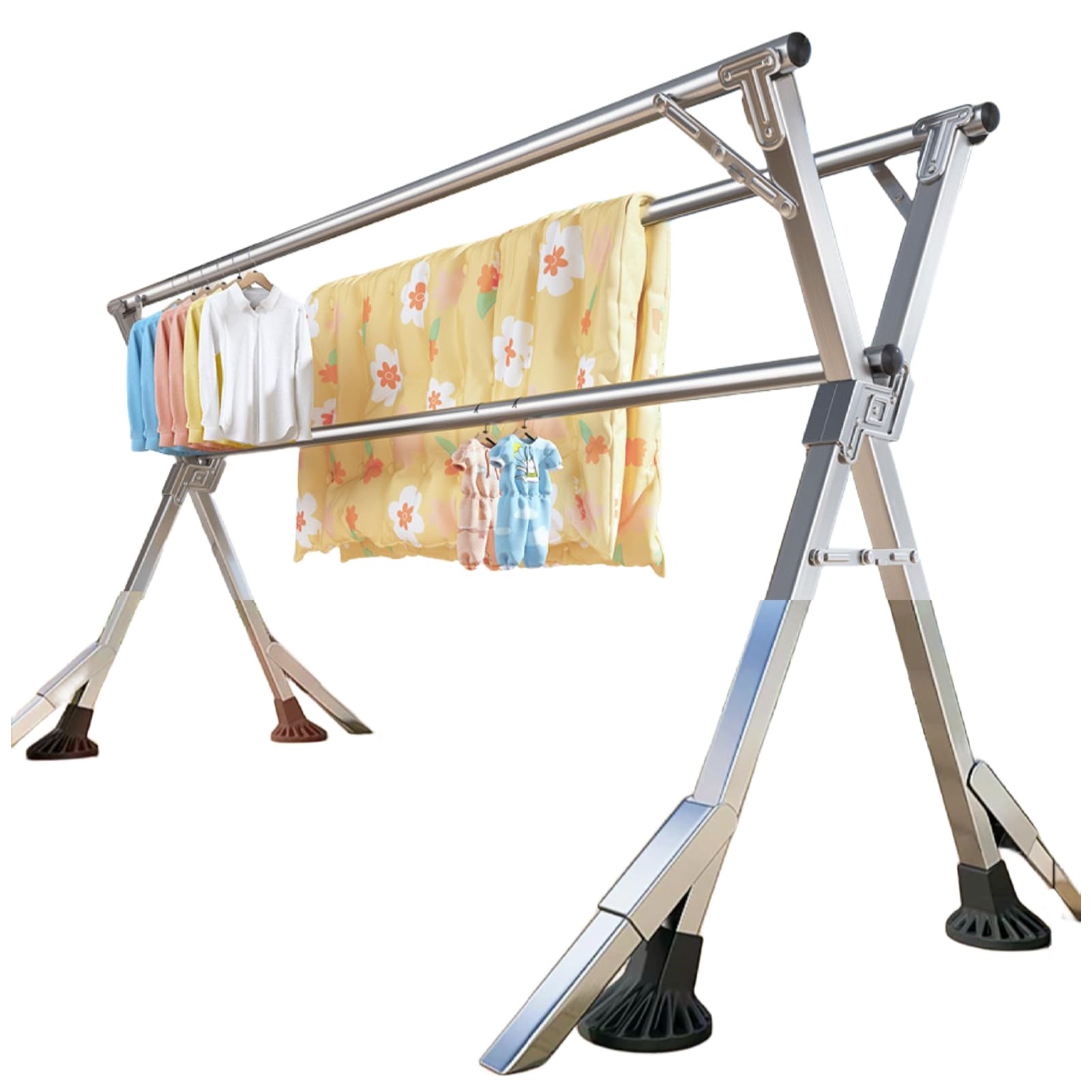 Clothes Drying Rack 95 Inches Folding Indoor Outdoor, Drying Rack Clothing Collapsible Windproof, Foldable Laundry Drying Rack, Heavy Duty Stainless Steel Clothes Rack, Coat rack, 20 Hooks 12 Clips