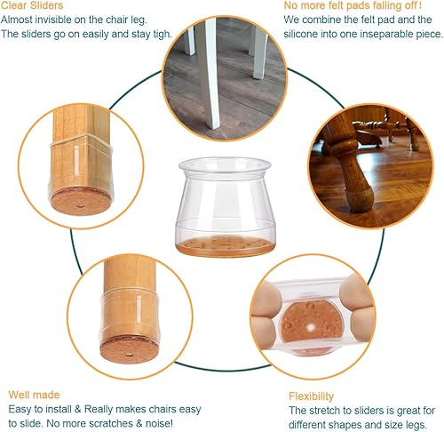 Miniatura 8 de [Juntos ahorran un 20%] Paquete de 24 protectores grandes transparentes y 24 protectores pequeños de madera dura para patas de silla de piso