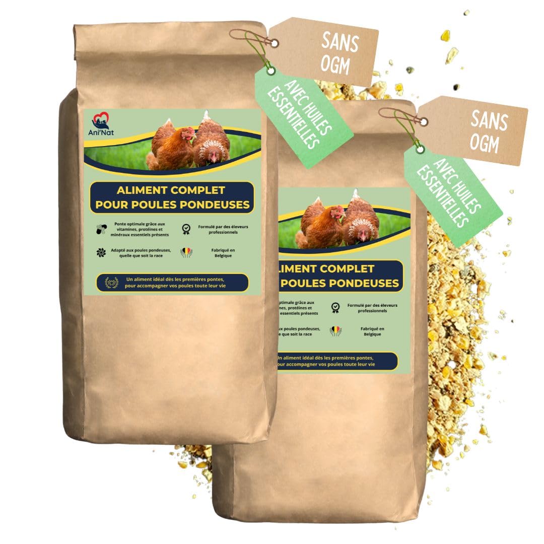 Ani'Nat Mangime per galline ovaiole senza OGM – Con oli essenziali – Miscela grossolanamente macinata – Nutrizione completa per deposizione e vitalità delle galline (2x5kg)