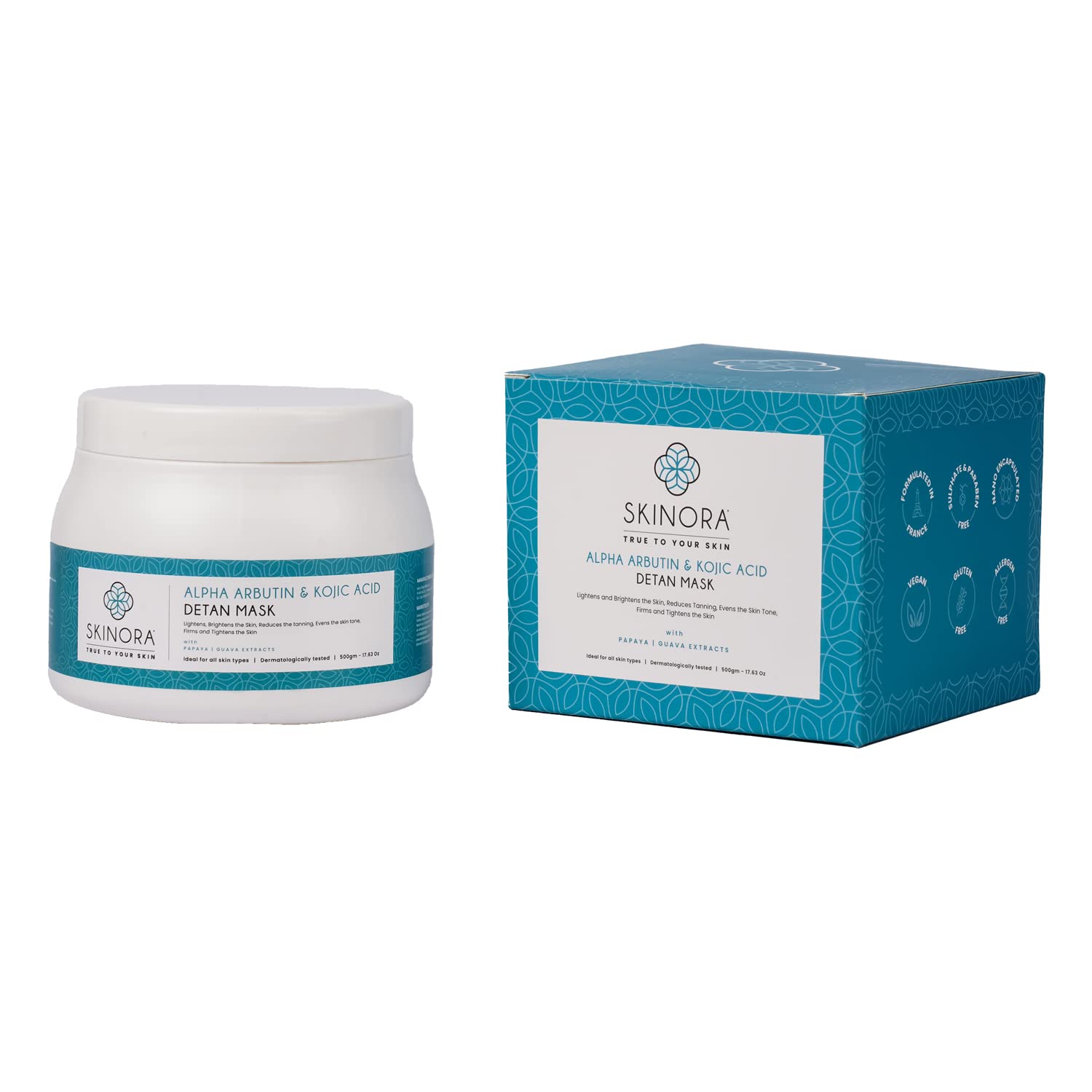 Skinora Alpha Arbutin & Kojic Acid Detan Mask| With Fruit Extracts| For Tan Removal & Skin Brightening| Added Skin-firming & Tightening Action| For All Skin Types|500gm