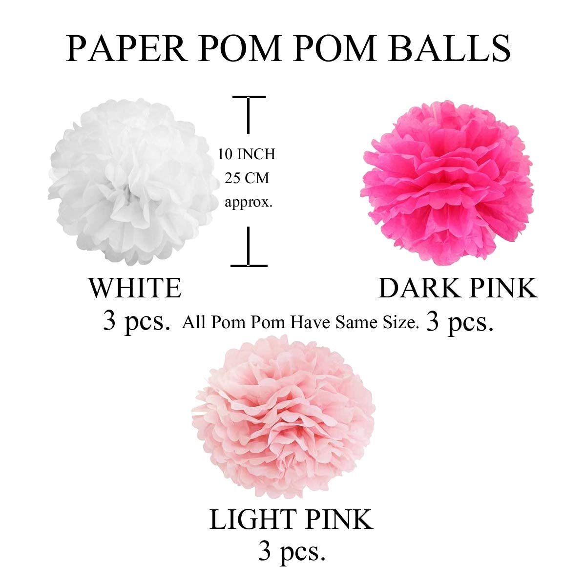 AMFIN® 9 Pcs. 10" Tissue Paper Pom Pom Flower Balls for Birthday Wedding Party Anniversary Welcome Baby Shower Decorations - Dark Pink, Light Pink & White 2