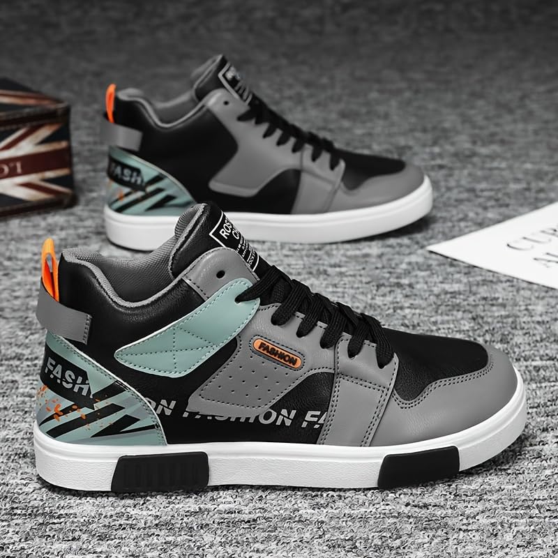 Men's High-Top Chunky Sneakers - Preppy Style Lace-Up Casual Sports Shoes | Faux Leather Upper, Fabric Lining, PVC Sole, Round Toe All-Season Outdoor Comfort3