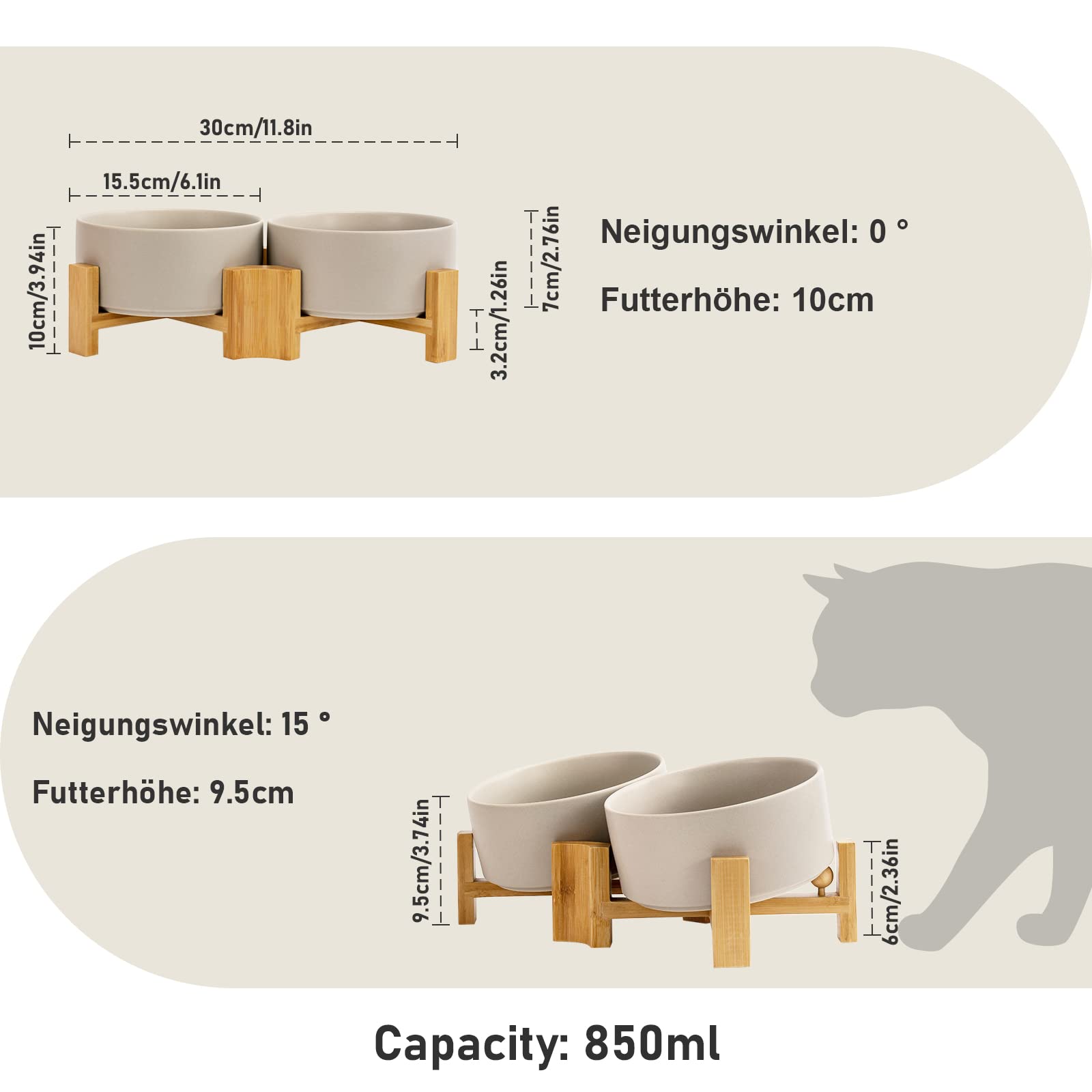 SPUNKYJUNKY Kippbarer Hundenapf Keramik Doppel Hund Futternapf mit Bambus Ständer 0° und 15° Neigungswinkel für Haustiere Katzen und Welpen Großes Gesicht Hund (850ml, Grau × 2)