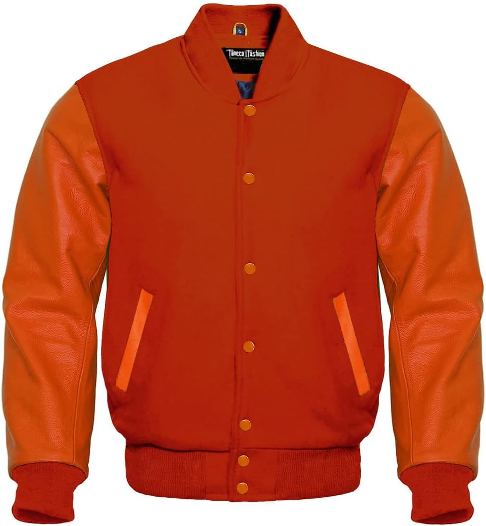 Men's Classic Letterman Baseball Wool & Genuine Orange Leather Sleeves Varsity Jacket