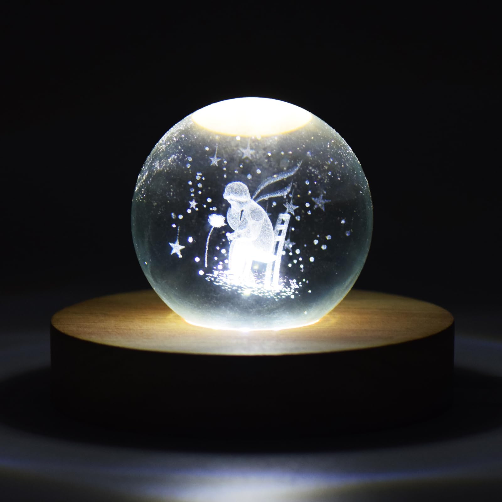 NEWCOMDIGI 2pcs LED Cold White Lights Base, Color Temperature 6000K,Round Wooden Lighted Base, USB Crystal Sphere Holder,Display Stand for 3D Crystal Glass Resin Art