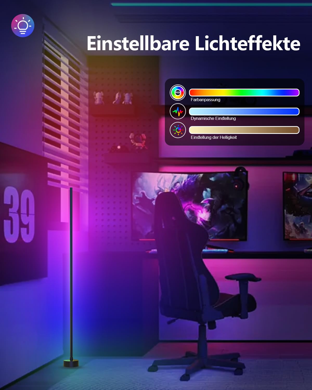 Miortior Lampade da Terra LED, Piantana Lampada da Terra Funziona con Bluetooth, Sincronizzazione Musicale, 16 Milioni di Colori e 68 Modalità di Scenari per Soggiorno, Camere da Letto, Sale Giochi
