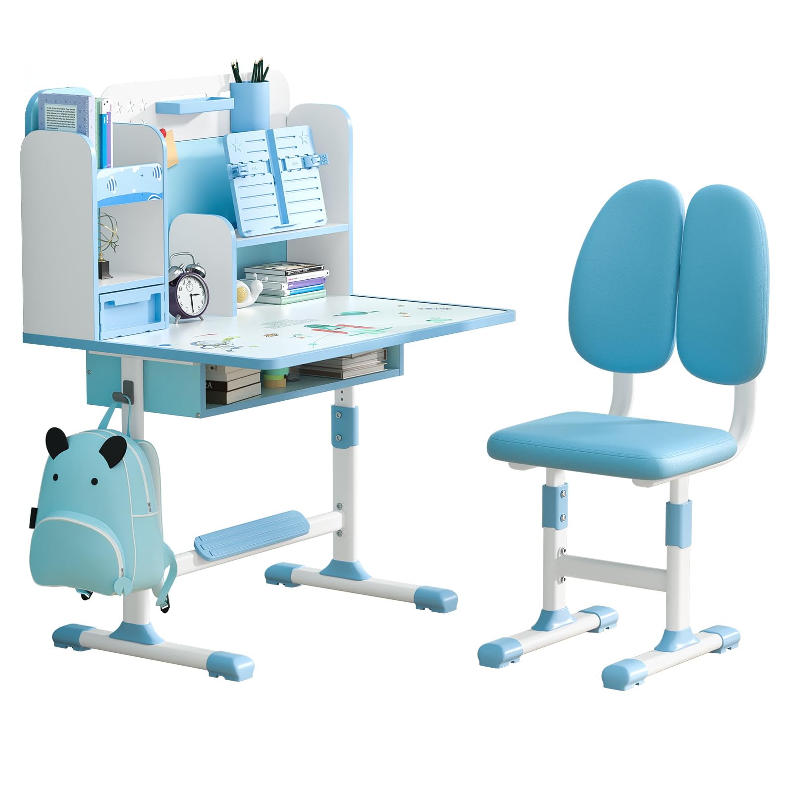 Upgraded Kid's Desk and Chair Set, Adjustable Children's Study Table with Bookshelf and Storage Drawer, 50-Degree Tiltable Desktop with Chair for