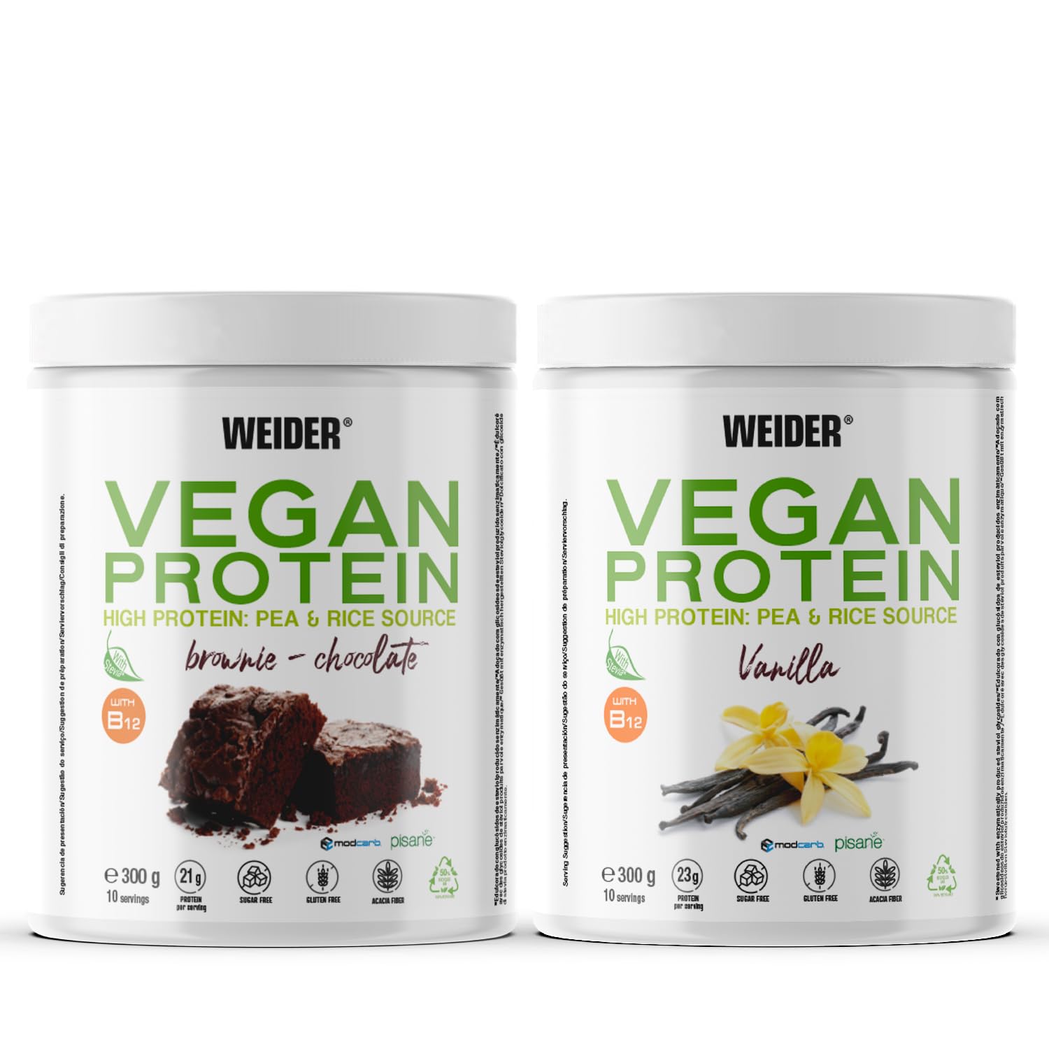 Weider Vegan Protein PACK DUO (2x300g) Goût Vanille et Chocolat. Protéines 100% Vegetal d'Isolat Pois & Riz. Avec Vitamine B12 & Stevia. Sans Gluten, Sans Sucre. Emballage 50% Recyclé, 100% Recyclable