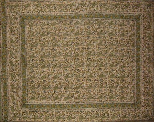 Rajasthan Block Print Paisley Tapestry Cotton Bedspread 108" X 88" Full-Queen Green #TOP1