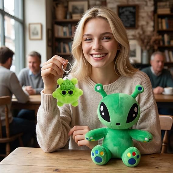 2 PCS Alien Plush Figure Set, 35cm Soft Stuffed Alien Plush with Mini Charm, Plush Figure Gift for Adult Collectors