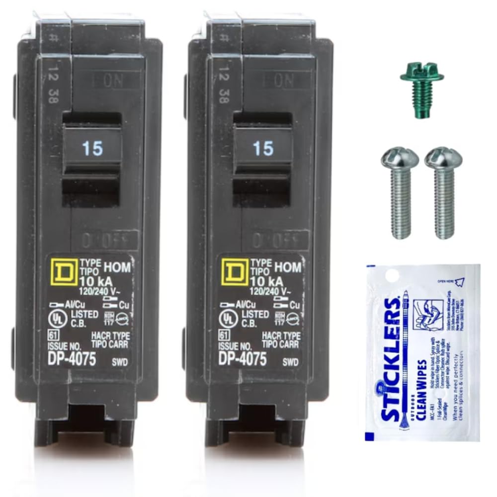 Genuine Square D HOM115 Circuit Breaker Kit Bundle (2 Pack), 15 Amp (15A) Single Pole, 120V, 10kAIC, UL Listed, Plug-On for Homeline Load Centers & Panel Box, New Replacement