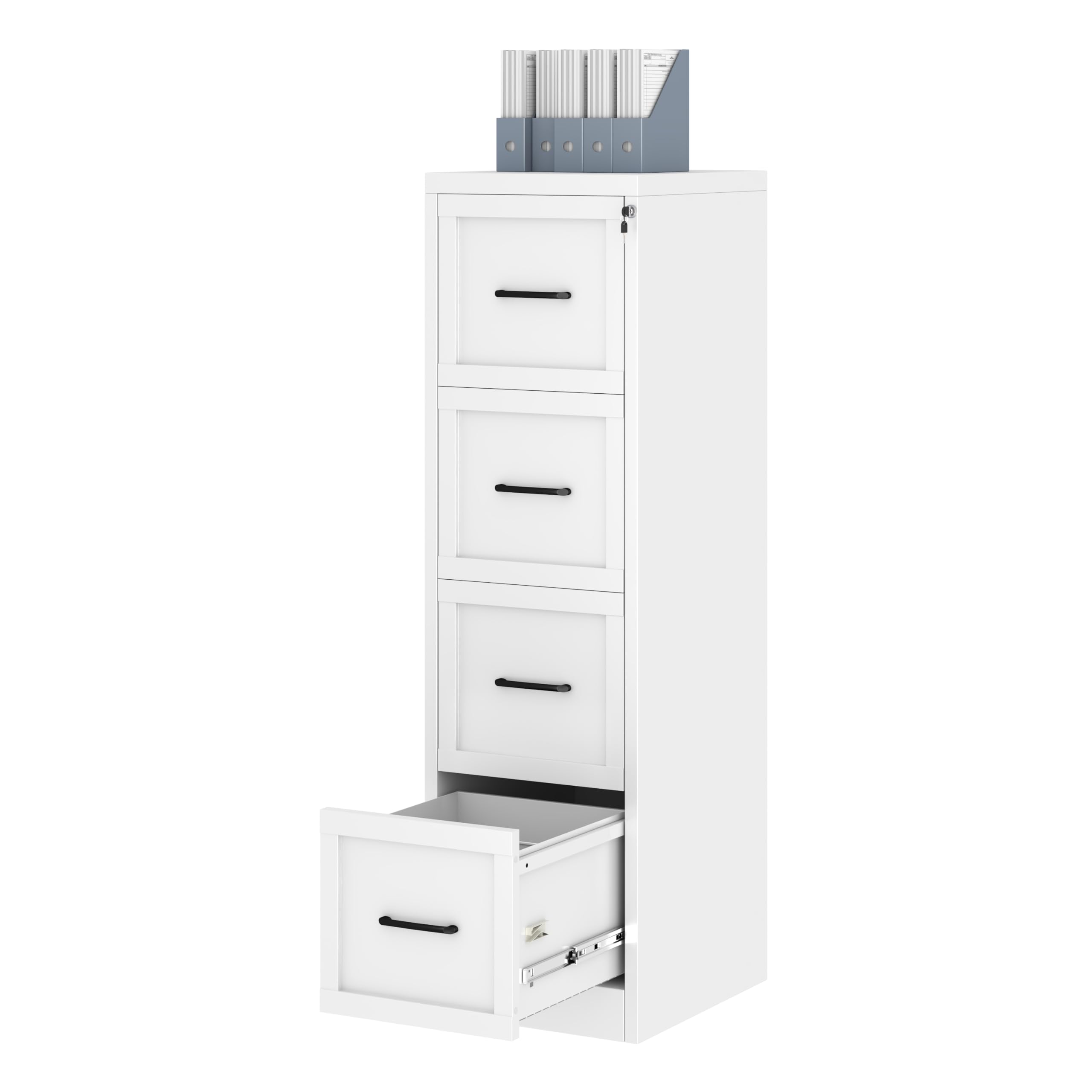 Ckzbx 4 Drawer File Cabinet with Lock, Narrow Vertical Filing Cabinet, Under Desk File Cabinets,White Metal Dresser Cabinets for Home Office,Fit Letter/A4/Legal Size File
