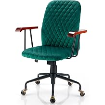 SFAREST Velvet Office Chair, Ergonomic Mid-back Computer Desk Chair with Rubber Wood Armrests and 5-Claw Metal Base, Height Adjustable Rolling Armchair for Home Office Green