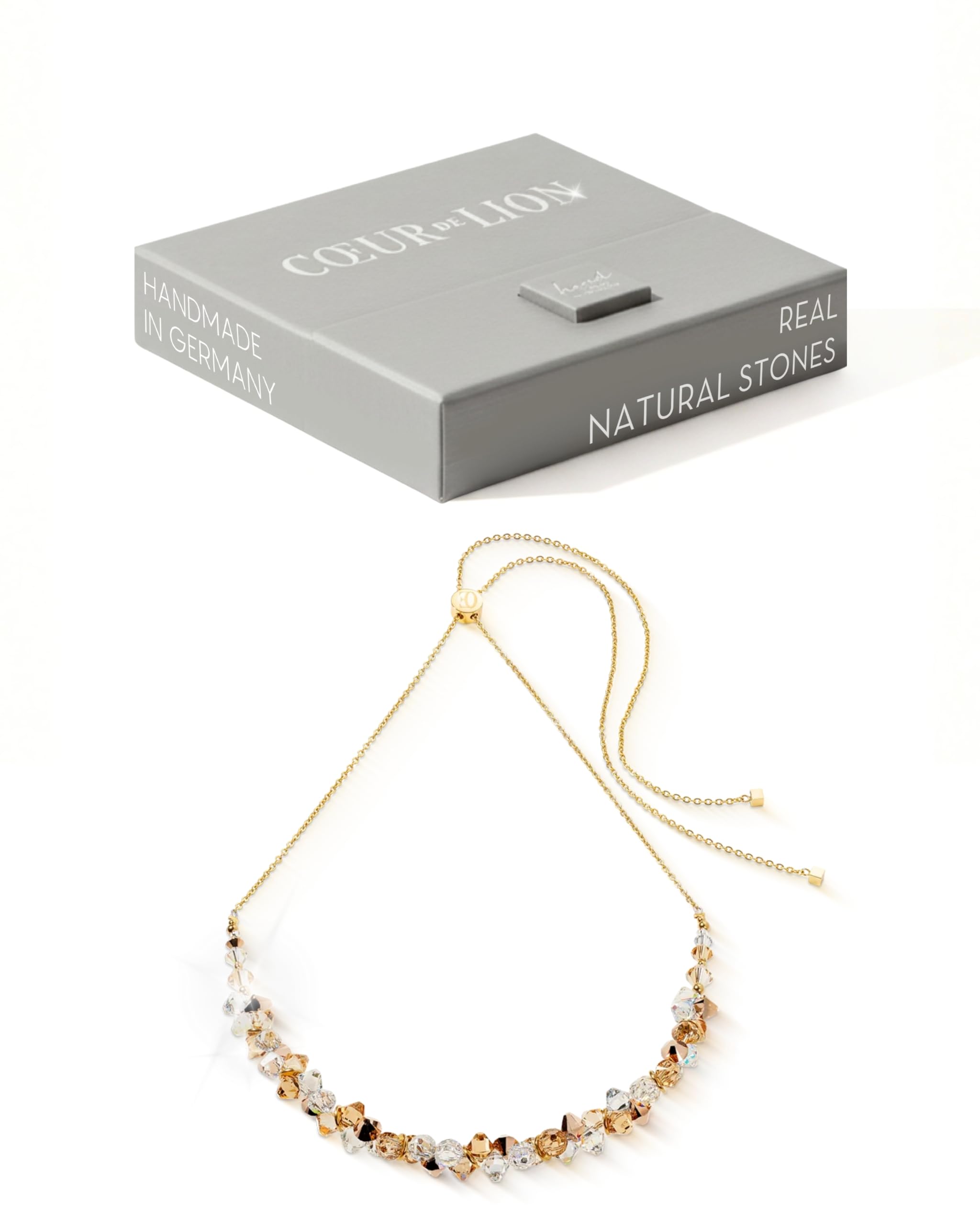 COEUR DE LION Collar de cristales danzantes dorados y beige, cristales europeos en beige y transparente, acero inoxidable dorado I de 11.8-27.6 pulgadas, ajustable, funda de diseño incluida