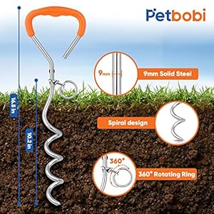 Petbobi dog tie out stake  16 heavy duty dog anchor for yard camping 9mm solid steel soft grip handle dog spiral stake with no tangle connect ring for small to large dogs up to 120lbs orange   cucciolini doodles
