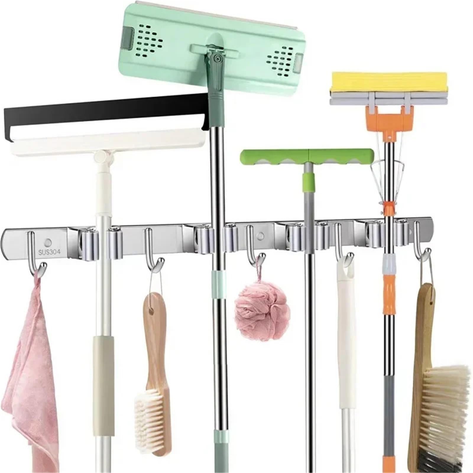 Porta Scope Parete Porta mocio Appendiabiti Mensola Gancio portaoggetti in acciaio inox Cucina Bagno Organizzazione Accessori per cucina(3 Mop 4 hook)