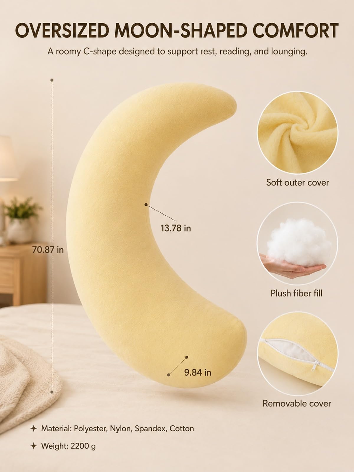 Generico Cuscino per il Corpo, Cuscino Gigante a Forma di Luna per Chi Dorme sul Fianco,Morbido Guanciale Body Per Diurno Notturno Sonno Dormitorio Divano Camera Casa