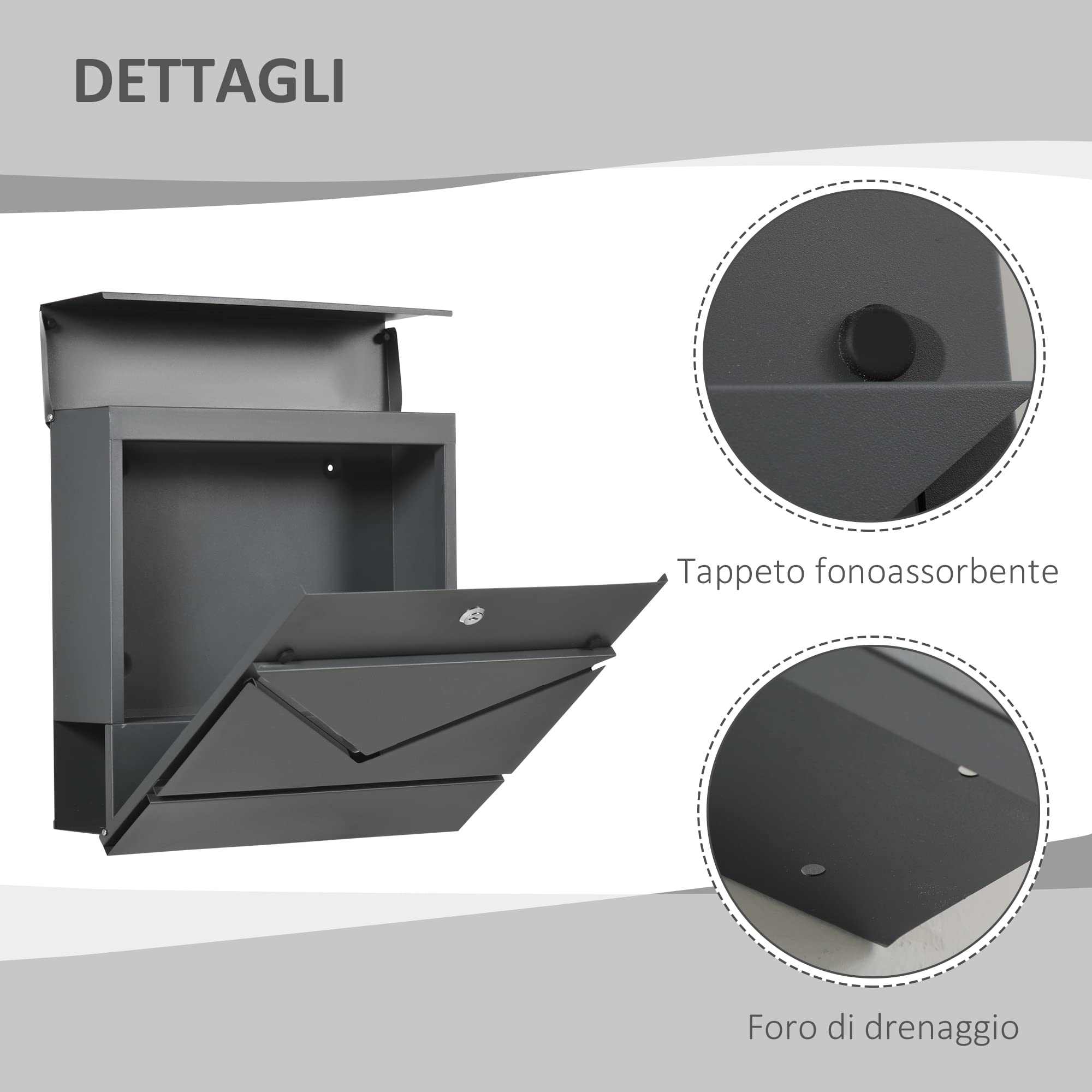 HOMCOM Cassetta Postale in Acciaio Zincato con Portagiornali e 2 Chiavi di Sicurezza incluse, 37x10.5x37 cm, Grigio