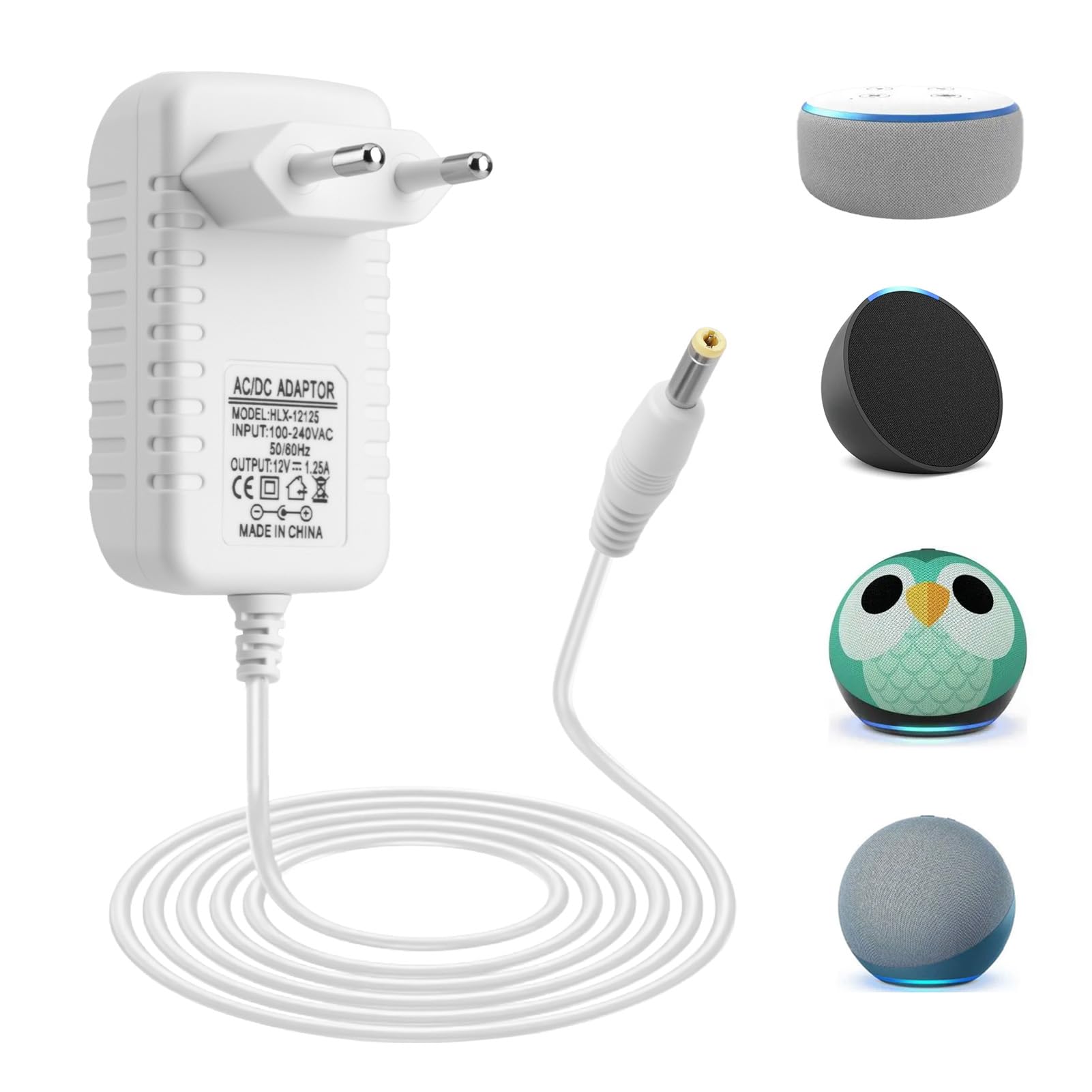 Cargador Adaptador 15W para Echo Dot 3ª, 4ª y 5ª Generación Echo Show 5 1ª/2ª Gen Echo Spot Echo Pop Fuente de Alimentación 12V 1.25A con Cable de 1.5m Seguro y Estable