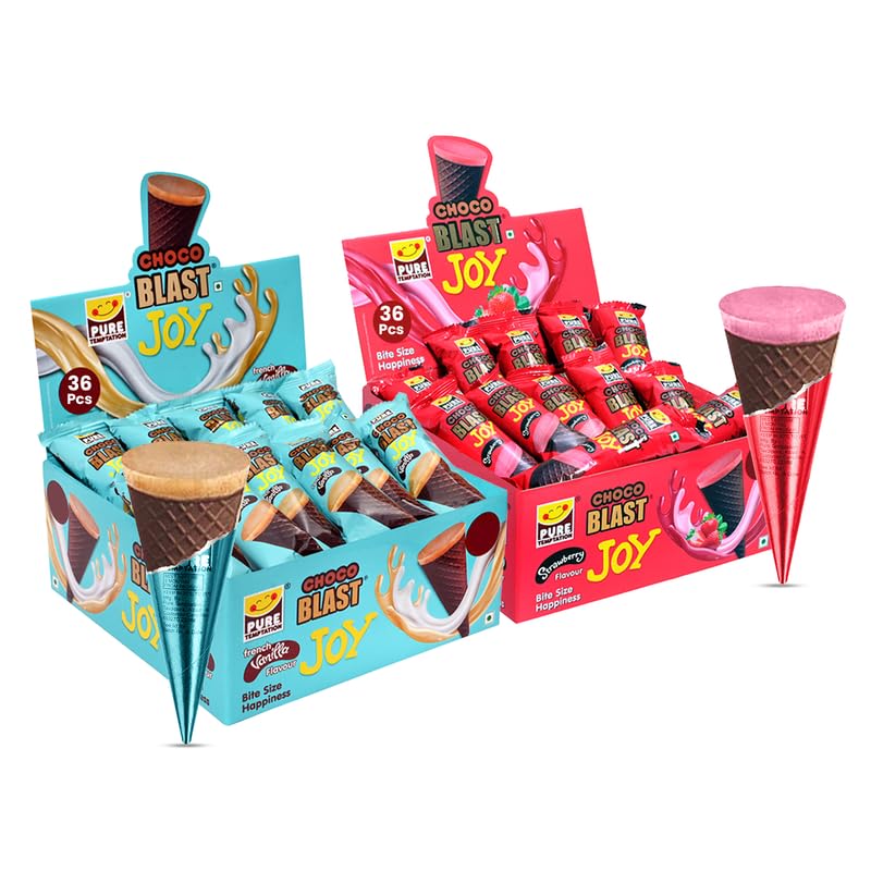 Pure Temptation Chocoblast Chocolate-Filled Waffle Cones | 48-Piece Gift Box | Individually Wrapped, Non-Meltable Snacks for Kids & Adults | Strawberry & Vanilla Flavors | Perfect Valentine Gift Pack