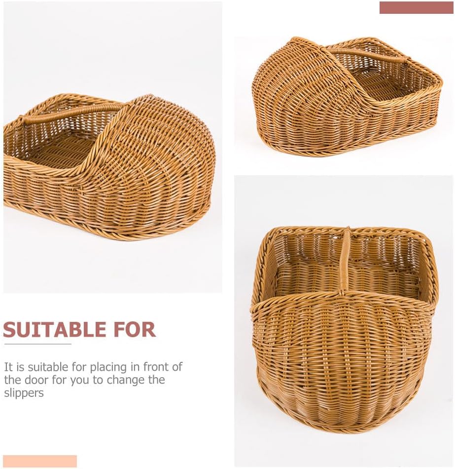 Rattan Slipper Basket: Handheld Slipper Organizer Basket - Portable Imitation Woven Shoes Holder Storage Bin for Bathroom Guest Room Entryway 37 Cm/14.57 Inch