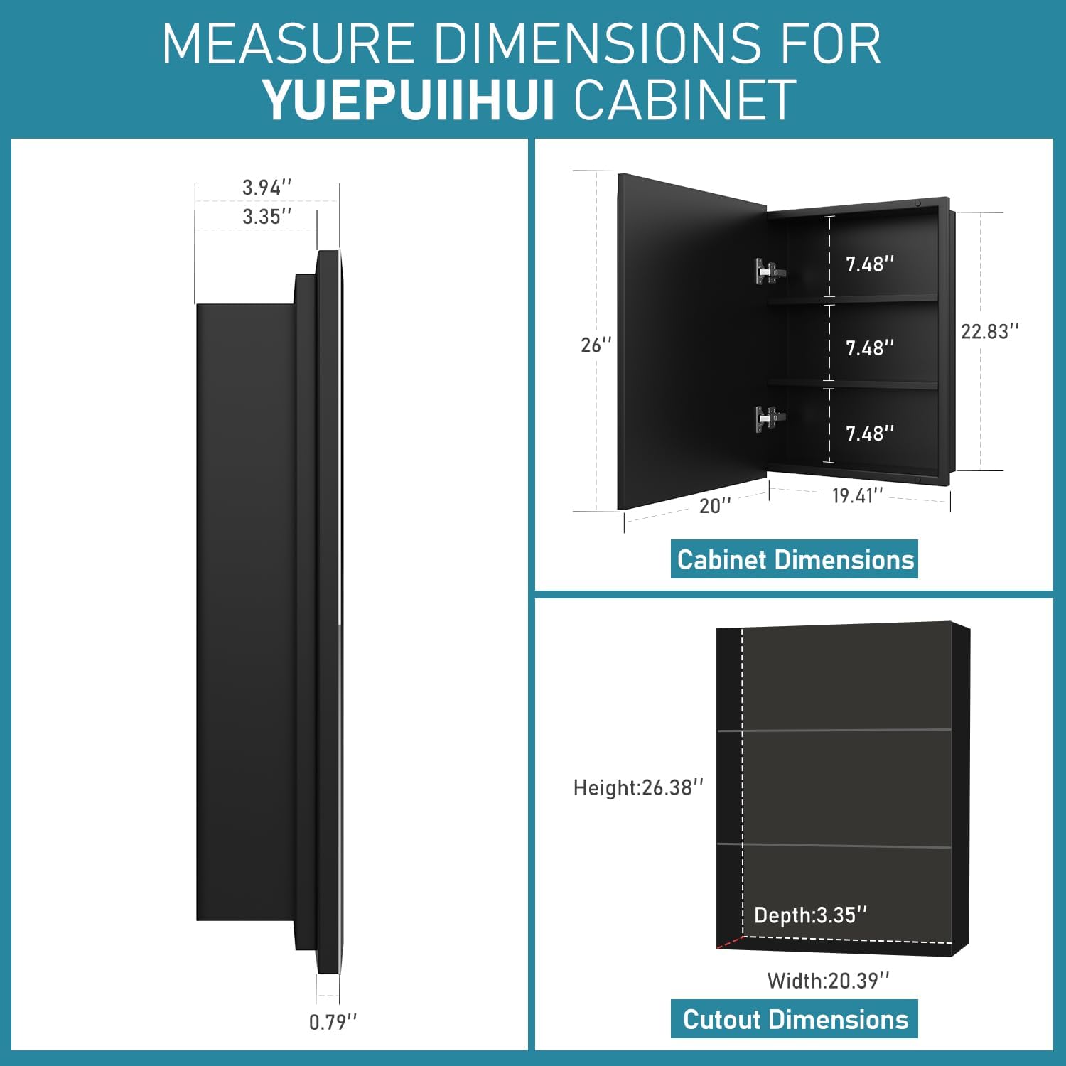 20 x 26 inch medicine cabinet for bathroom wall mounted, recessed with beveled mirror and adjustable shelves, black cabinet with ample storage for modern house metal 20x26 in