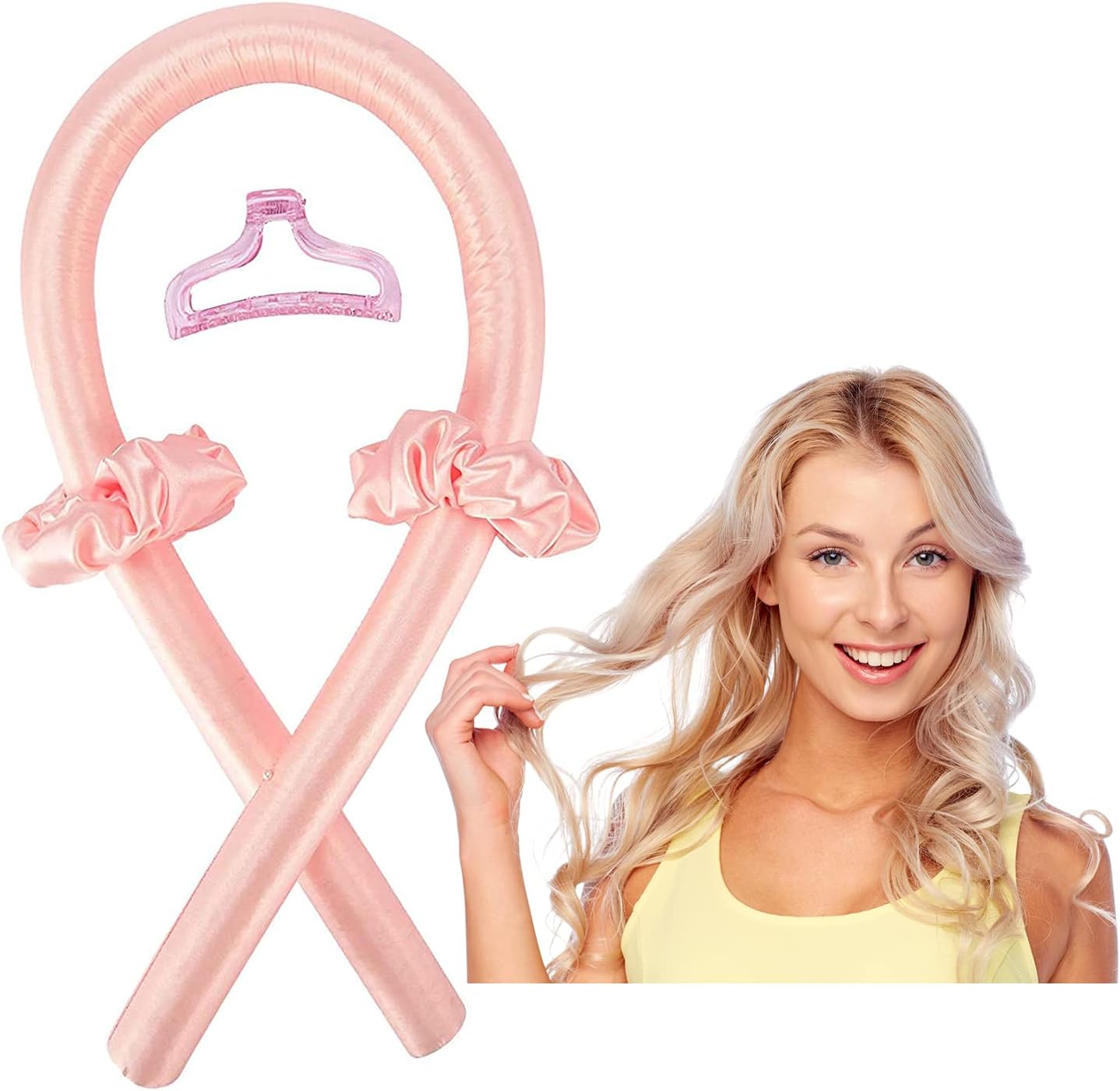 Holylion Heatless Hair Curlers for Long Hair, Soft Foam Hair Rollers No Heat Silk Curls Headband Can Sleep Overnight Curling Ribbon and Flexi Rods DIY Hair Styling Tools for Long Medium Hair (Pink)