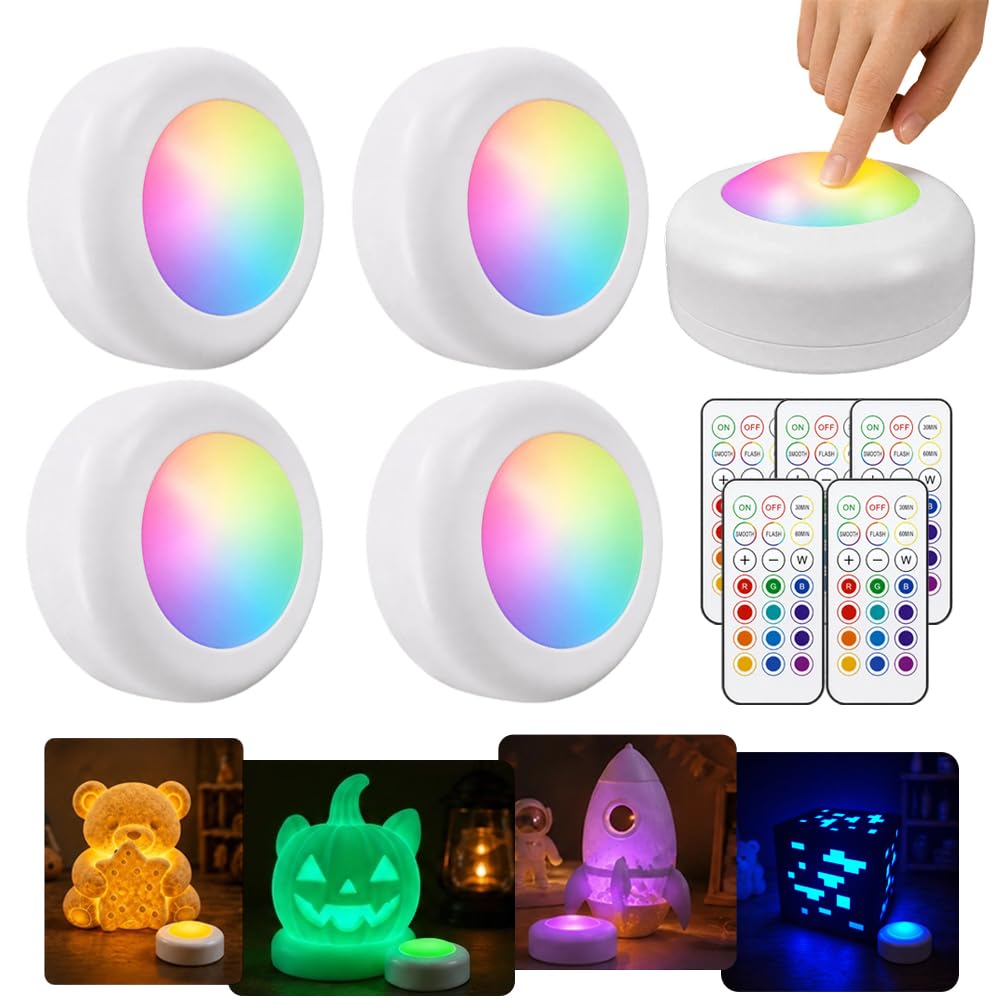 5 Pcs 16 Colors Remote-Controlled RGBW LED Puck Lights for Bambu Lab KC007 | Tap Control,…