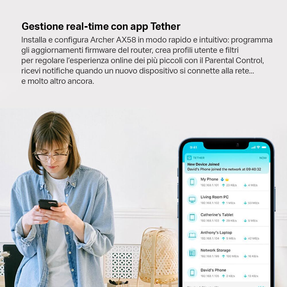 TP-Link Archer AX58 AX3000Mbps Router WiFi 6 Dual-Band, 4 Porta Gigabit, 2402Mbps su 5 GHz e 574Mbps su 2,4 GHz, 4 Antenne Ad Alto Guadagno, Parental Control, Rete Ospiti, QoS, EasyMesh, WPA3, Alexa