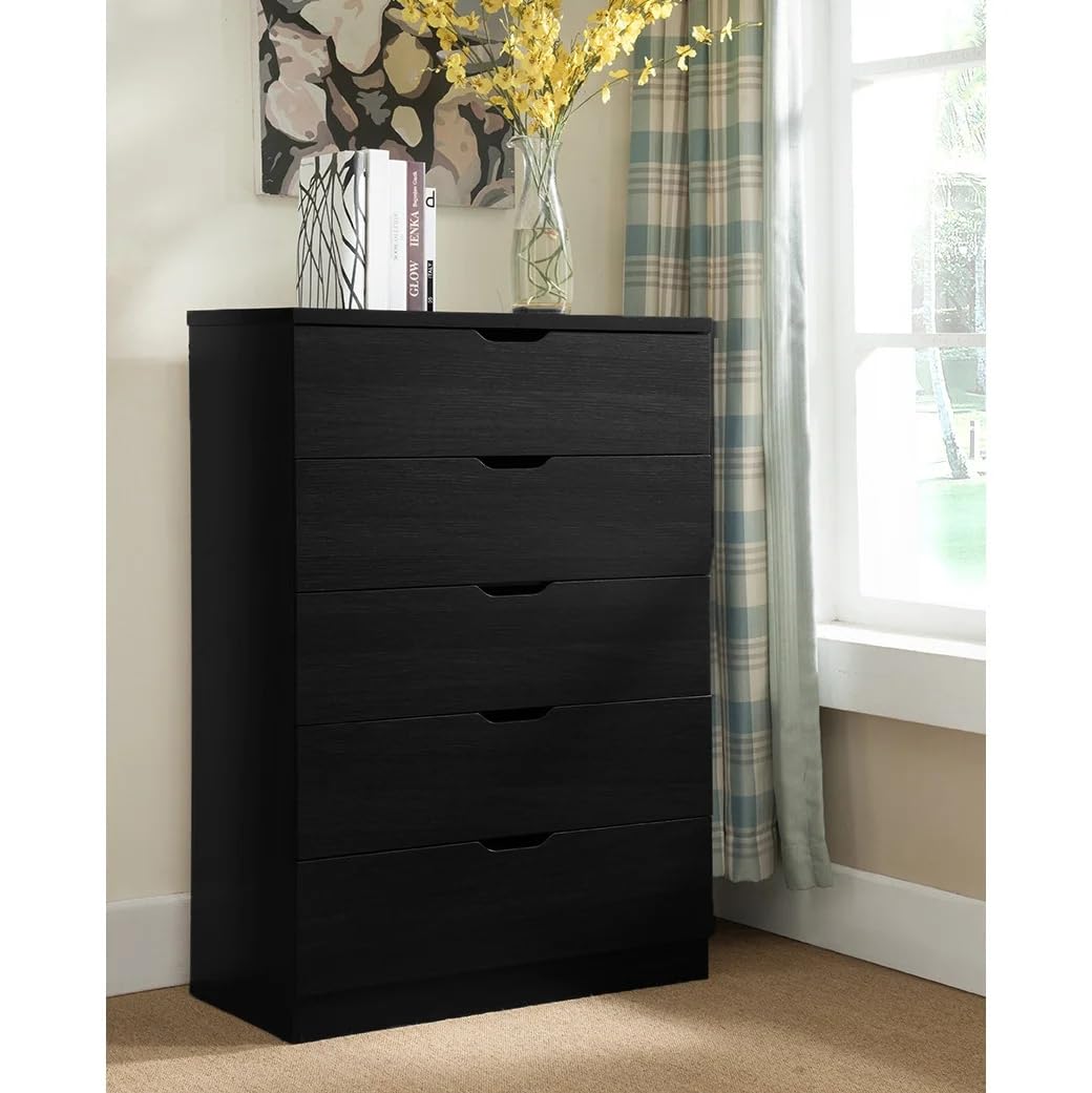 Modern 5 Drawer Dresser for Bedroom, Tall Chest of Drawers with Storage, Wood Storage Chest Organizers with Cut-Out Handles, Accent Storage Cabinet for Living Room, Entryway, Hallway (Black)
