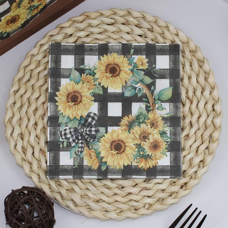 Tovaglioli di Carta Nero Girosole Giallo Tovaglioli per Decoupage Decorati Tovaglioli Bar Compleann Carta Lgienica Tovagliolo Decorazione Da Tavola Usa e getta Per Matrimoni Feste 30 Packs(33x33cm)
