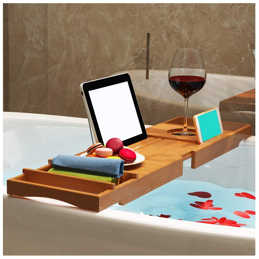 MYUYEE Multifunctional Bathtub Rack Retractable Bathtub Tray 75-109Cm Lengthened Stretch Bathroom Soaking Wine Rack Flat Towel Phone Card Slot Foldable Bathtub Shelf (Natural-Bamboo Color)