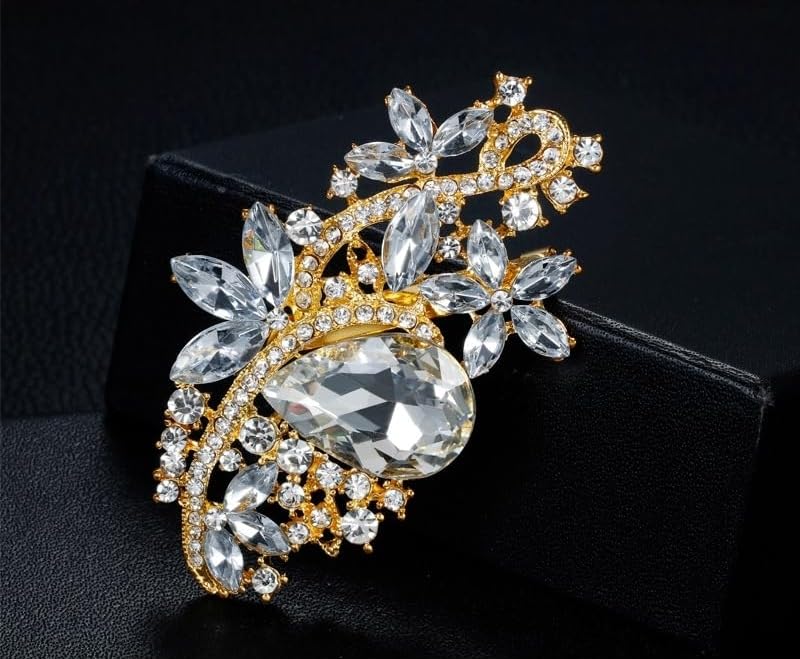 Image of Wedding Bridal Big Crystal Rhinestone Bouquet Brooch Pin for Women (Gold Tone-silver)