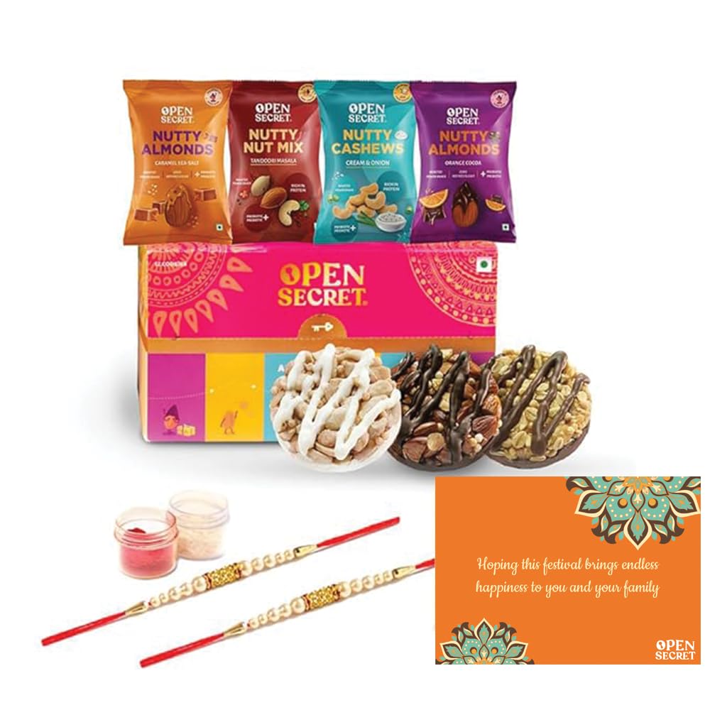 Open Secret Bhaidooj Gift Set for Brother | Combo of 9 | Bhaidooj Tikka for Brother, Dry Fruit Gift Box, Chocolate Gifts, Dry Fruits, Healthy Premium Hamper, Gift for Sister, Gift for Brother with Thread, Festive Card & Roli Chawal