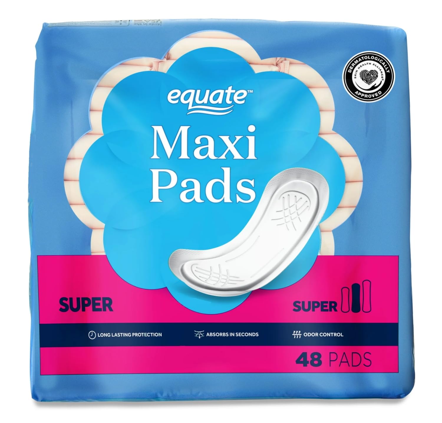 Equate Maxi Pads, Super Absorbency, No Wings, Fragrance-free / Unscented (Free From Dyes, Fragrances, and Elemental Chlorine), Thick and Absorbent, 48 Count - 1 Pack