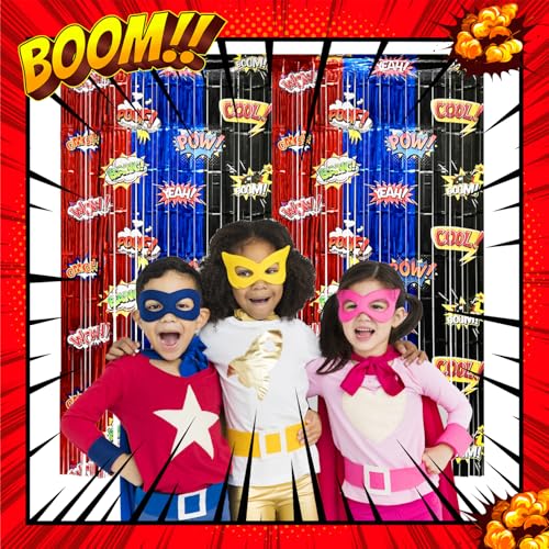 Image of Hero Birthday Party Backdrops Decorations, 2 Pcs Red Blue Black Tinsel Foil Fringe Curtain Streamers Photo Booth Background for Hero Themed Party Decorations Supplies
