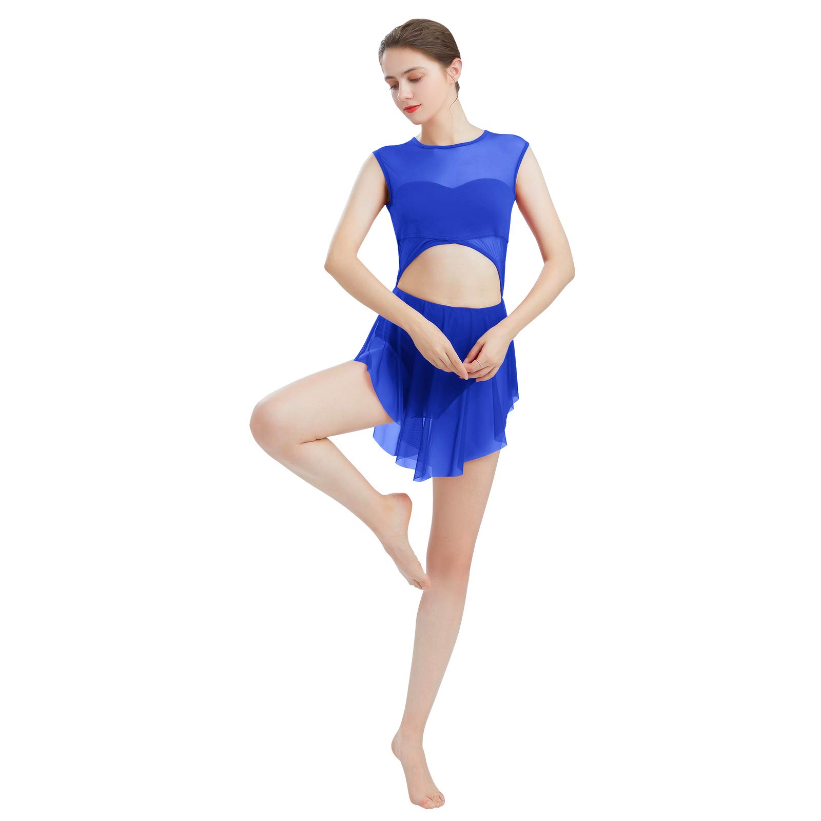 IBTOM CASTLE Girl's Dance Performance Asymmetrical Mesh Cutout Tank Dress Latin Leotard Lyrical Modern Dancing Costumes Flowy Contemporary Version Gymnastics Skirted with Shorts 01&Royal blue XL